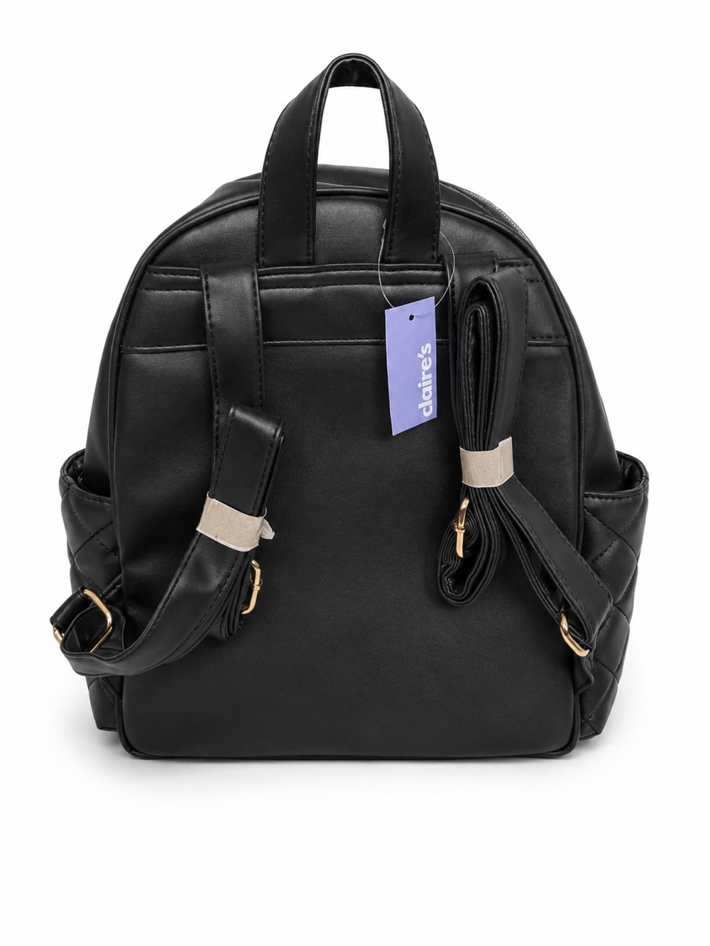 NWT Claire’s Black Quilted Mini Backpack Gold Studded Faux Leather Bag - Picture 2 of 10